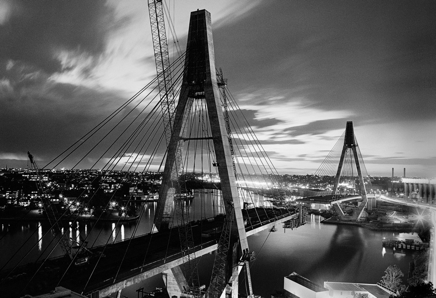 Bridge with deck gap narrowing seen at dusk looking south-west, c.1995 Image courtesy of Sydney Architecture Festival.